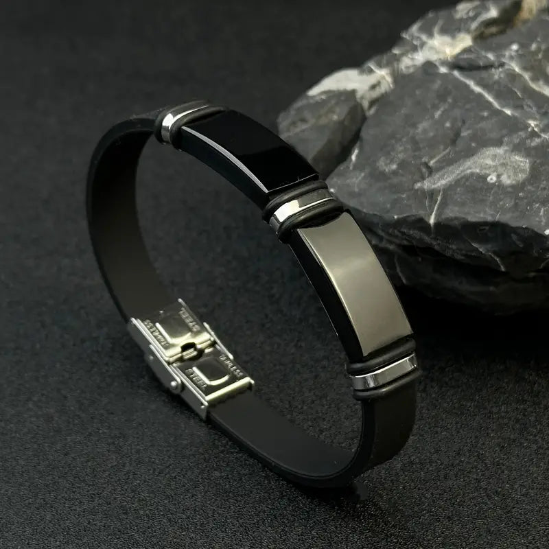 Elegant Black Silicone Bracelet with Metallic Detailing