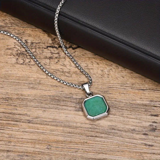 Men's Stainless Steel Green Stone Square Pendant Necklace – 3D Cubic Design